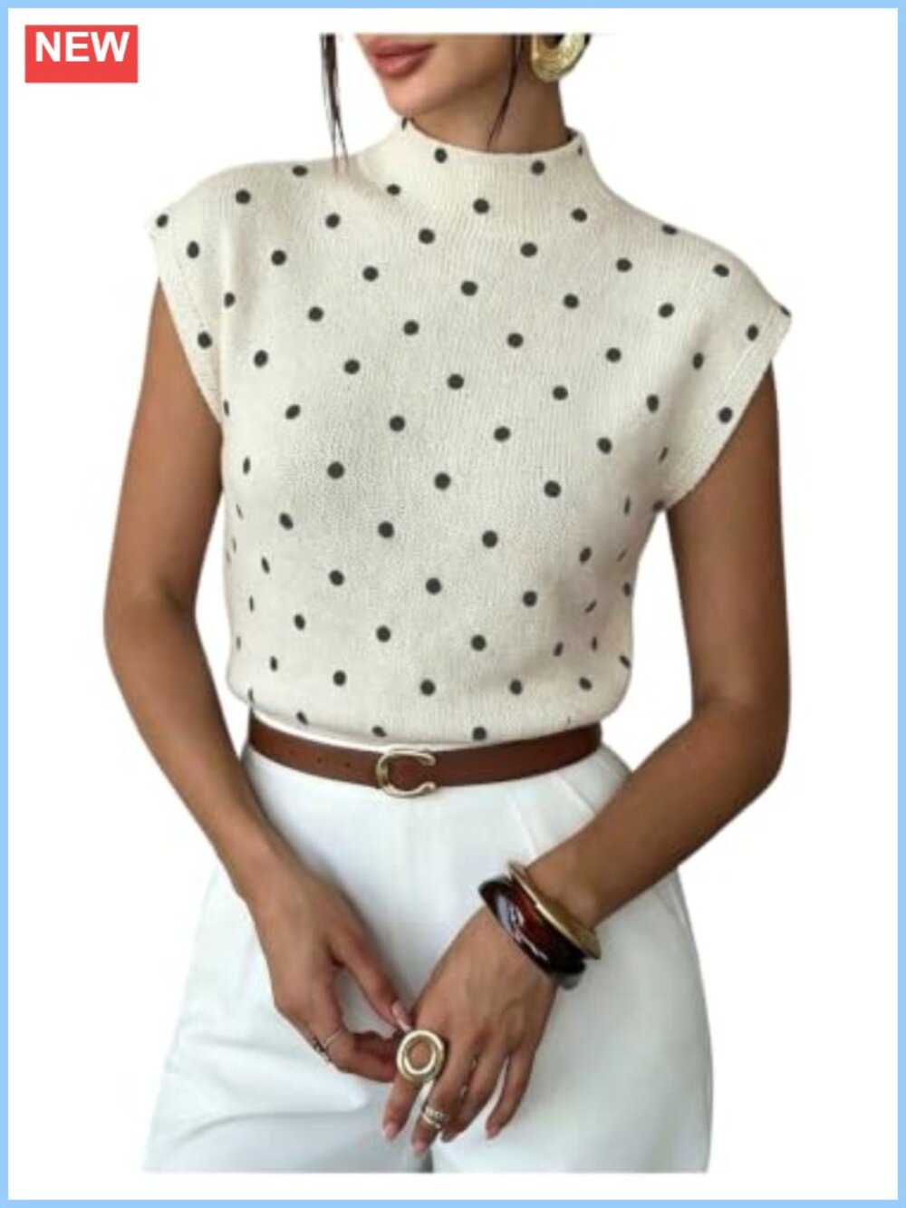 Mock Neck Cap Sleeve Polka Dot Knit Pullover Sweater